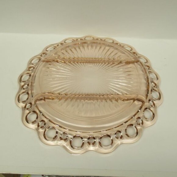 Hocking Depression Glass Pink OLD COLONY LACE EDGE 10 3/8 In 3-Part Relish Plate - Picture 4 of 4
